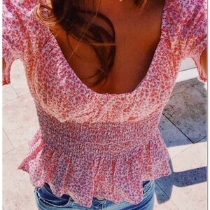 Smocked Peplum Floral Crop Top - Pink